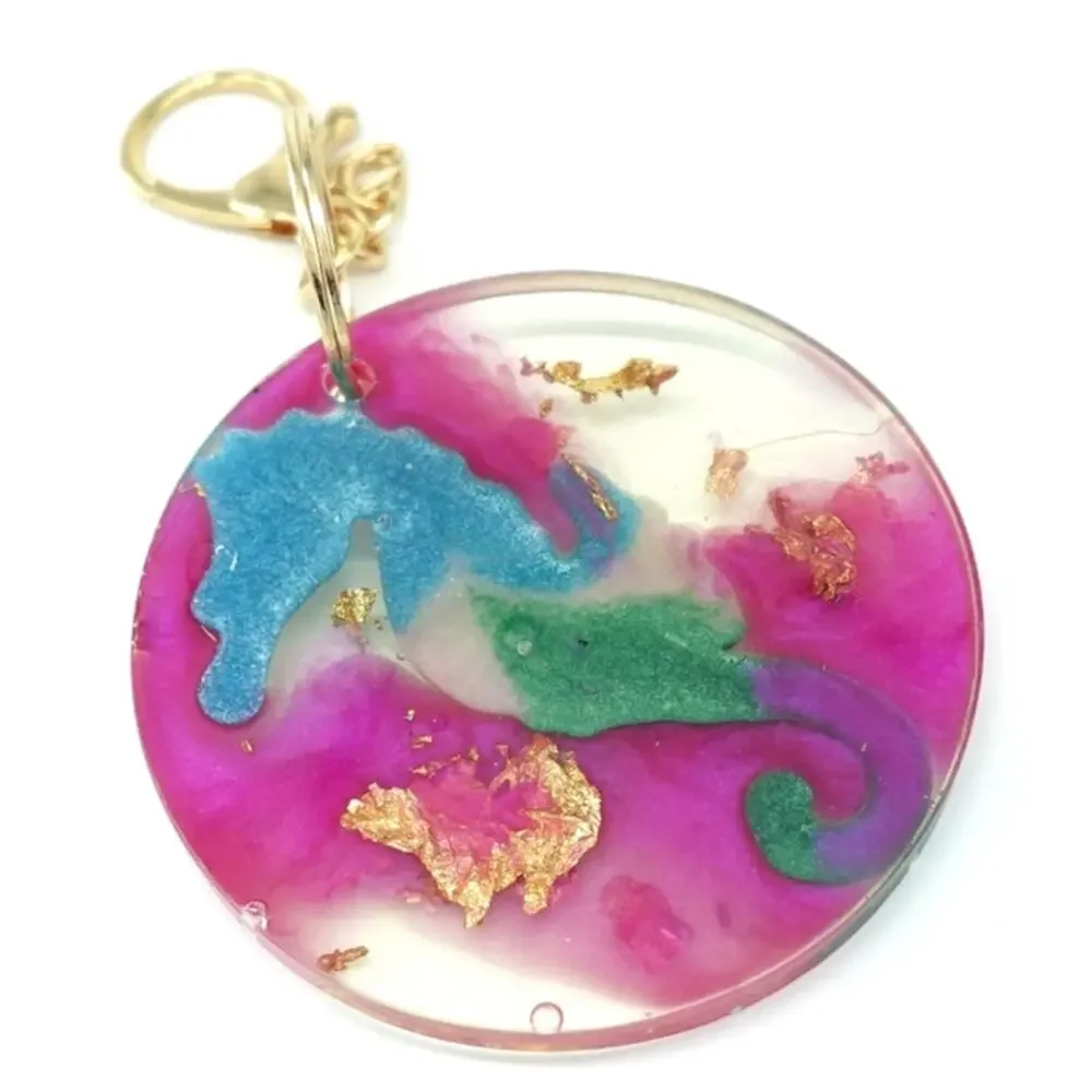 Tropical Seahorse resin Keychain with Gold n Fushia accents!  Luggage/Key fob